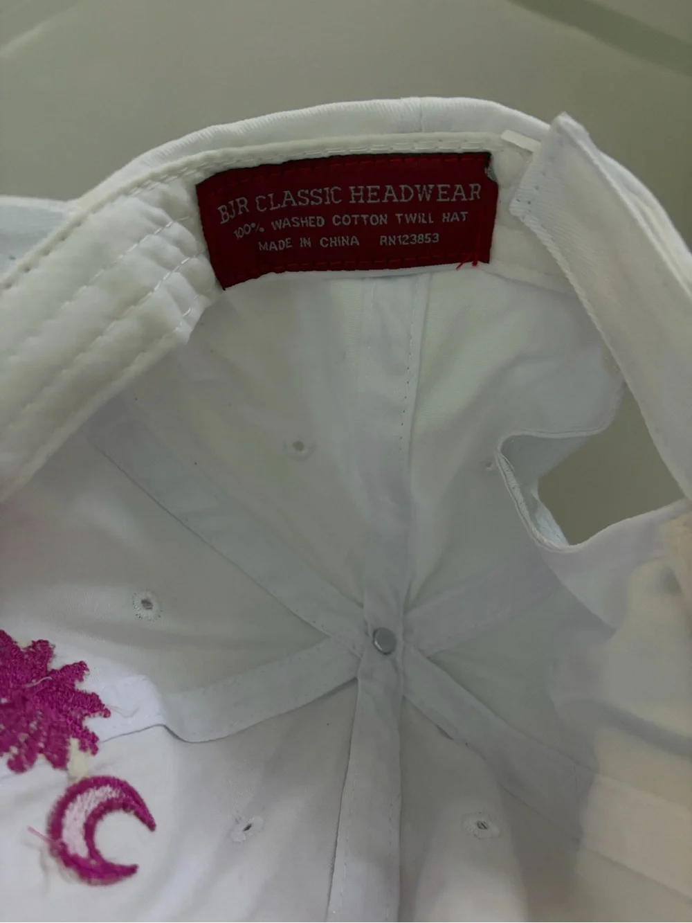 White Baseball Cap with Pink Palm Tree & Crescent Embroidery
